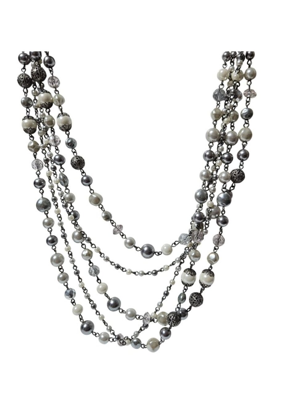 Retro Faux Pearl Silver Beaded Necklace Multi Strand Statement Fashion Jewelry